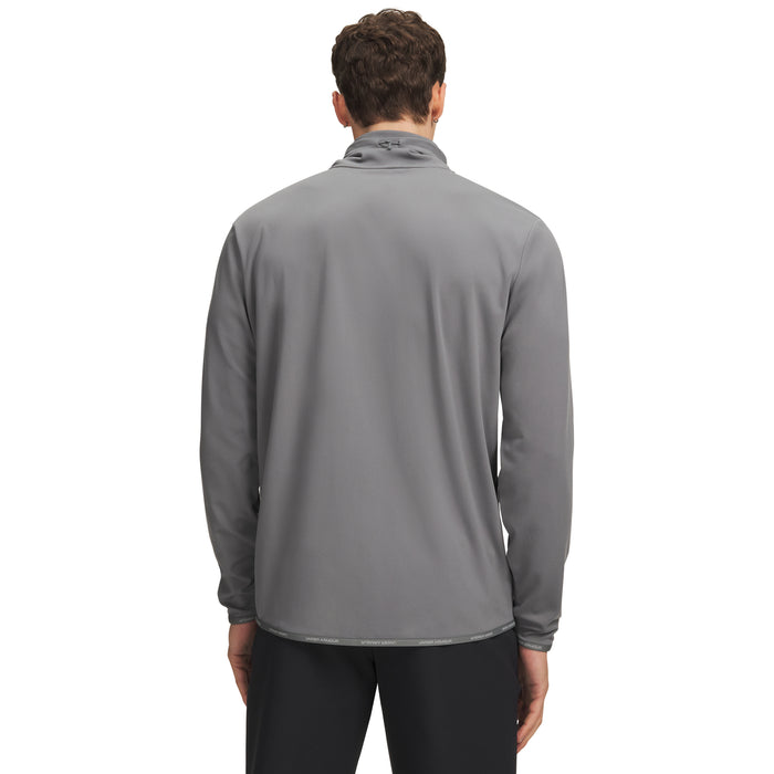 Back view of a grey Under Armour Drive men's funnel neck golf midlayer with a high collar and long sleeves.