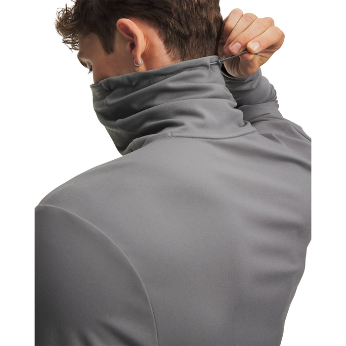Grey Under Armour Drive men's funnel neck golf midlayer, back view showing the adjustable collar toggle detail.