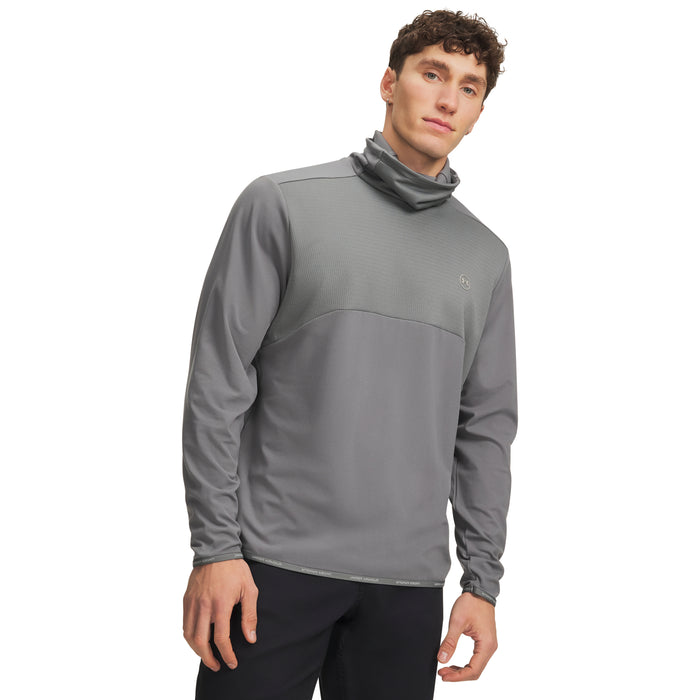 Under Armour Drive men's clay green funnel neck golf midlayer, front view featuring textured chest panel and long sleeves.